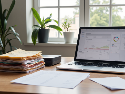 会计专业学习辅导场景,展示书本、计算器、电脑屏幕显示财务报表,明亮自然光,商务办公环境